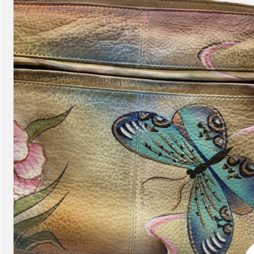 VTG Anuschka Hand Paint Flower Butterflies Leather Double Strap HandBag Satchel - Picture 6 of 12